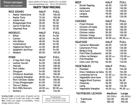 pinoy handaan menu list